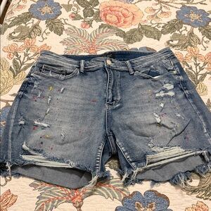 Judy Blue Distressed Blue Jean Shorts with Paint Splatter